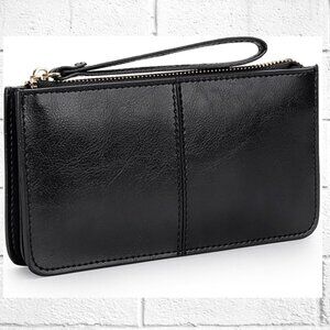NWOT! Black Faux Leather Wallet Purse w/Wristlet Strap & (6) ID/Credit Card Slip